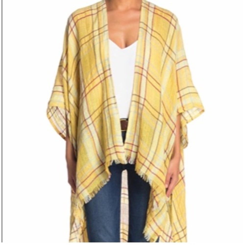 Free People Reverie Plaid Kimono Women OS Yellow Linen Blend Fringe Open Front